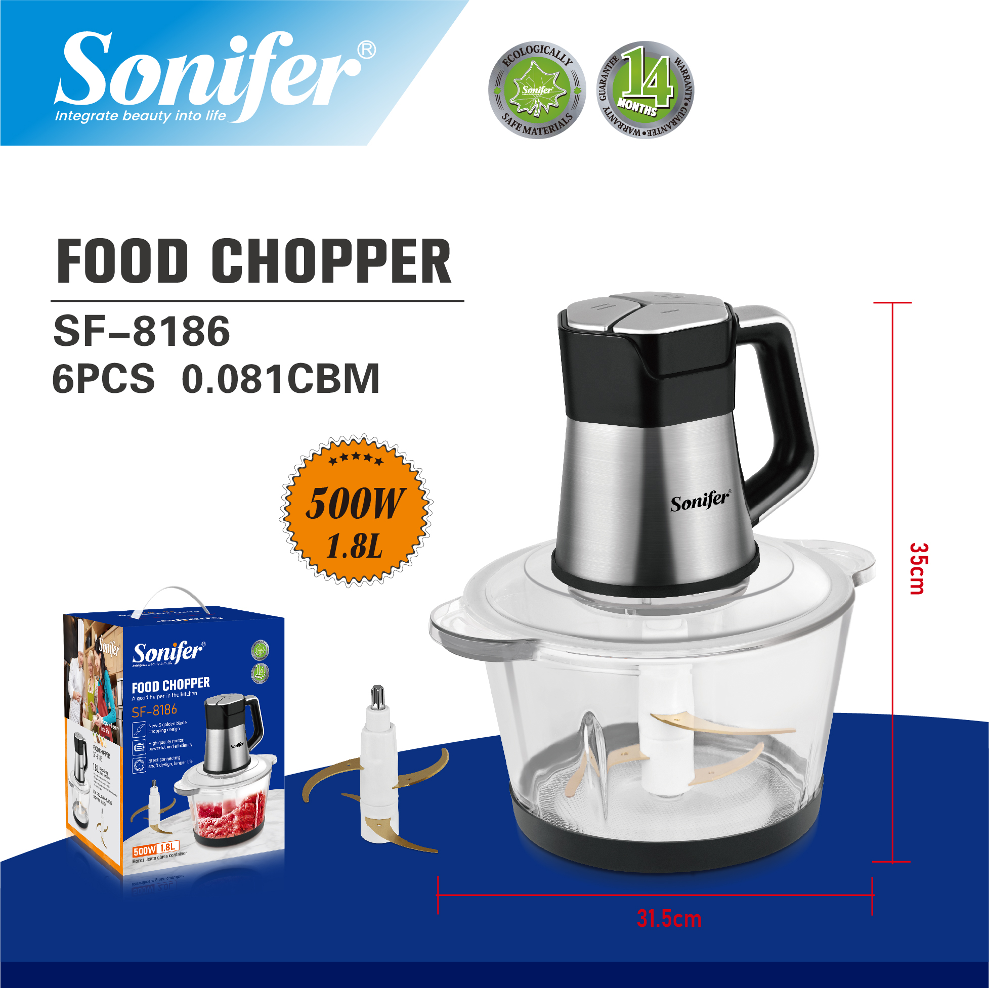 Sonifer SF-8186 Chopper 500 W, 1.8 l