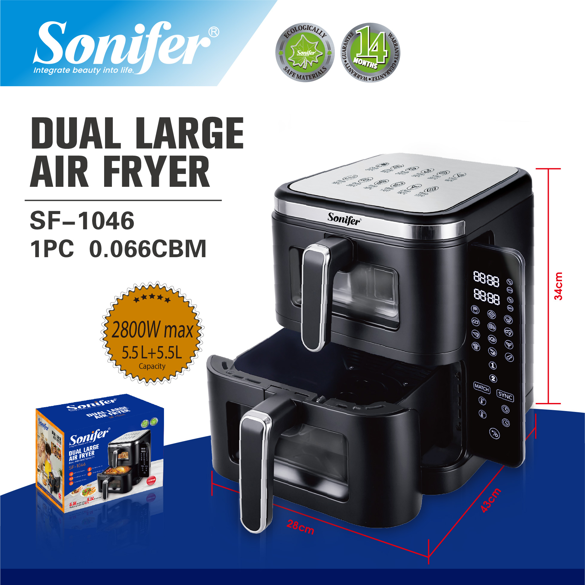 Sonifer SF-1046  Yüksək Keyfiyyətli İki Qatlı LED Ekranlı Elektrikli Hava Fritozu(Air Fryer)