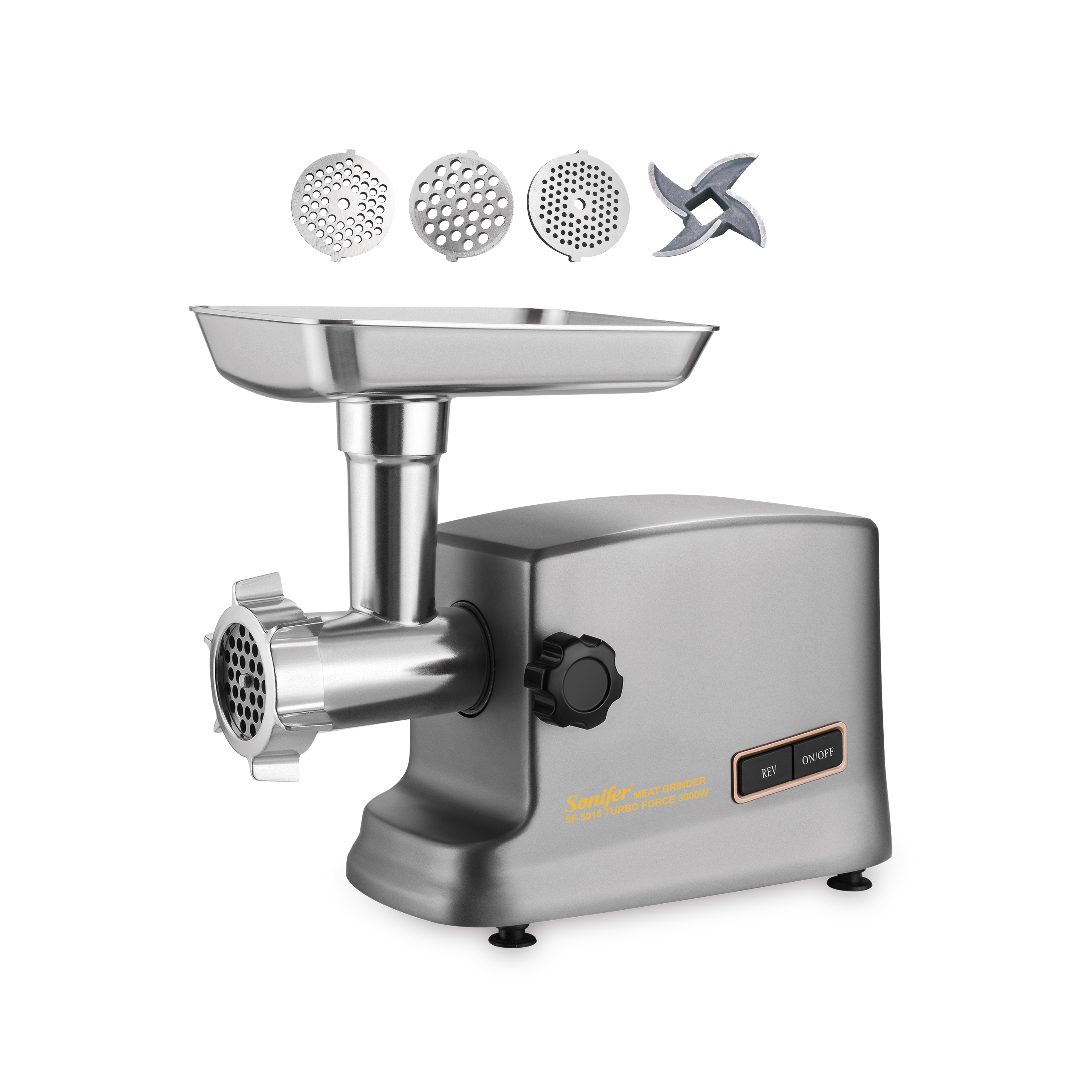 Sonifer SF-5015 3000W Meat Grinder #12 Head Metal Gears 3 Cutting Plates Sausage Stuffer for Home Commercial Use