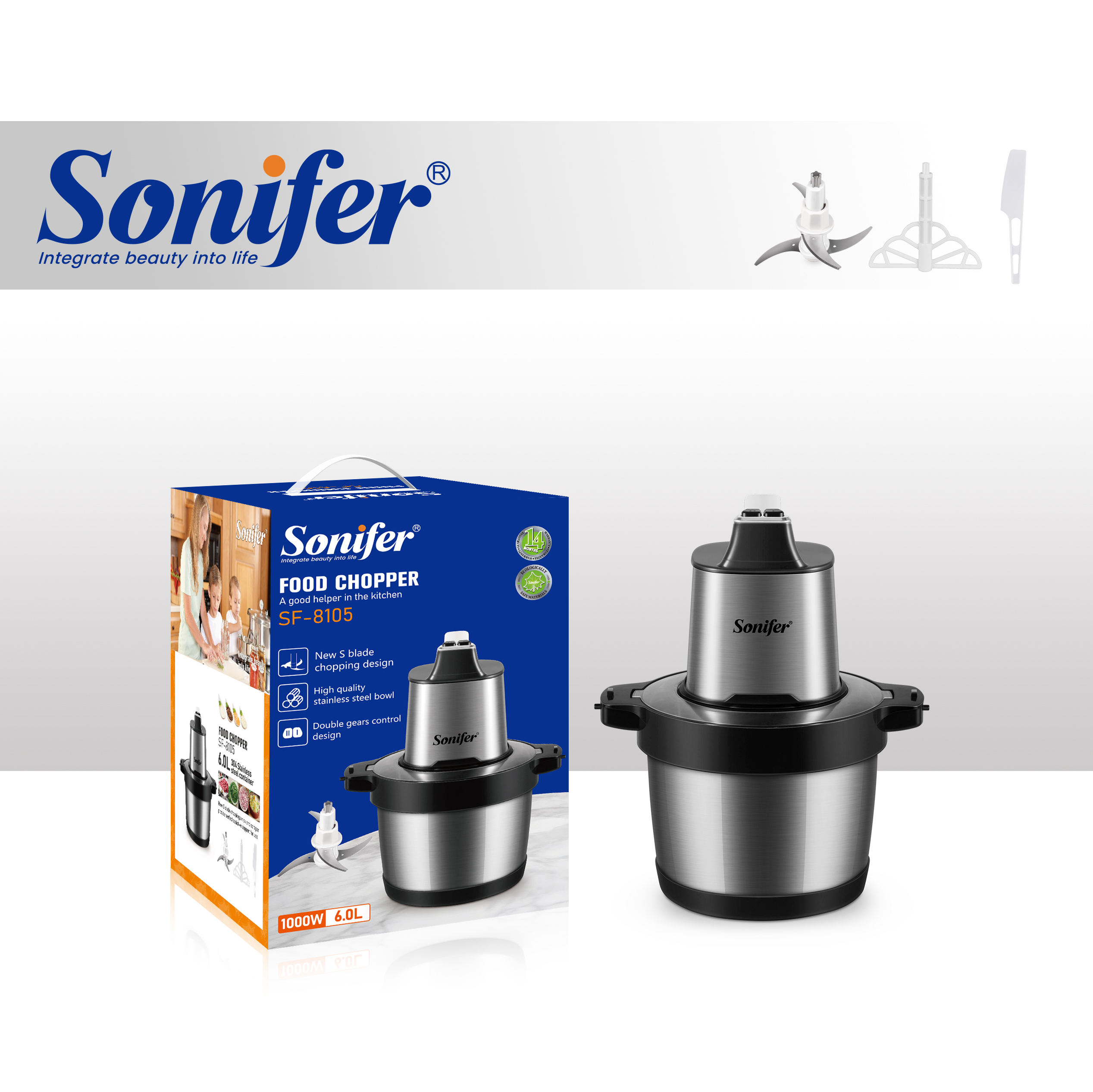 Sonifer SF-8105 Universal Mətbəx  Doğrayıcısı (1000w  Gücündə Paslanmayan Polad)
