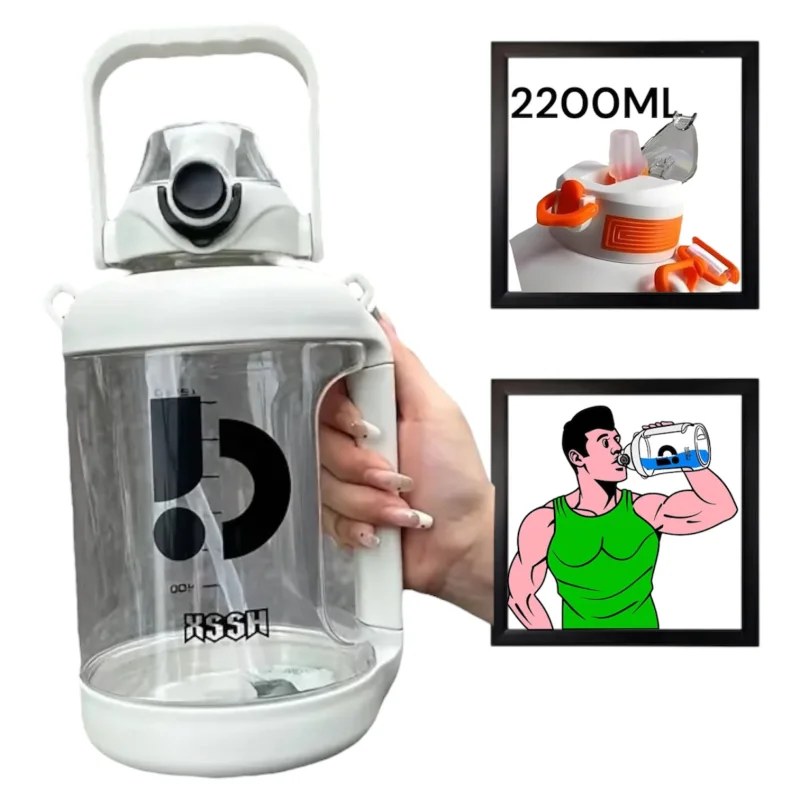 İdman su qabı, ağ-şəffaf, 2200 ml