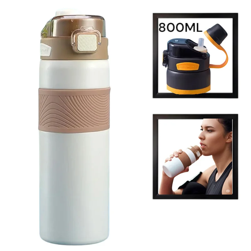 İdman su qabı WS1330, paslanmaz polad, ağ, 800 ml