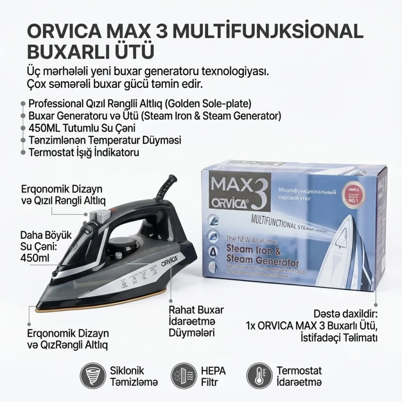 Ütü Orvica Max 3 Keramika 240 Vt Qara