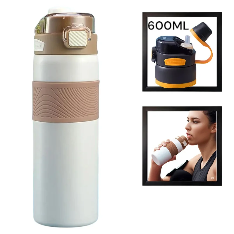 İdman su qabı WS1333, paslanmaz polad, ağ, 600 ml