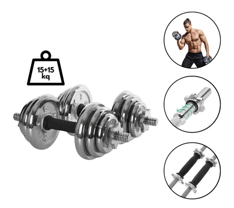 Nickel dumbbell set, 2 x 15 kg, stainless steel, weight, rubber grip
