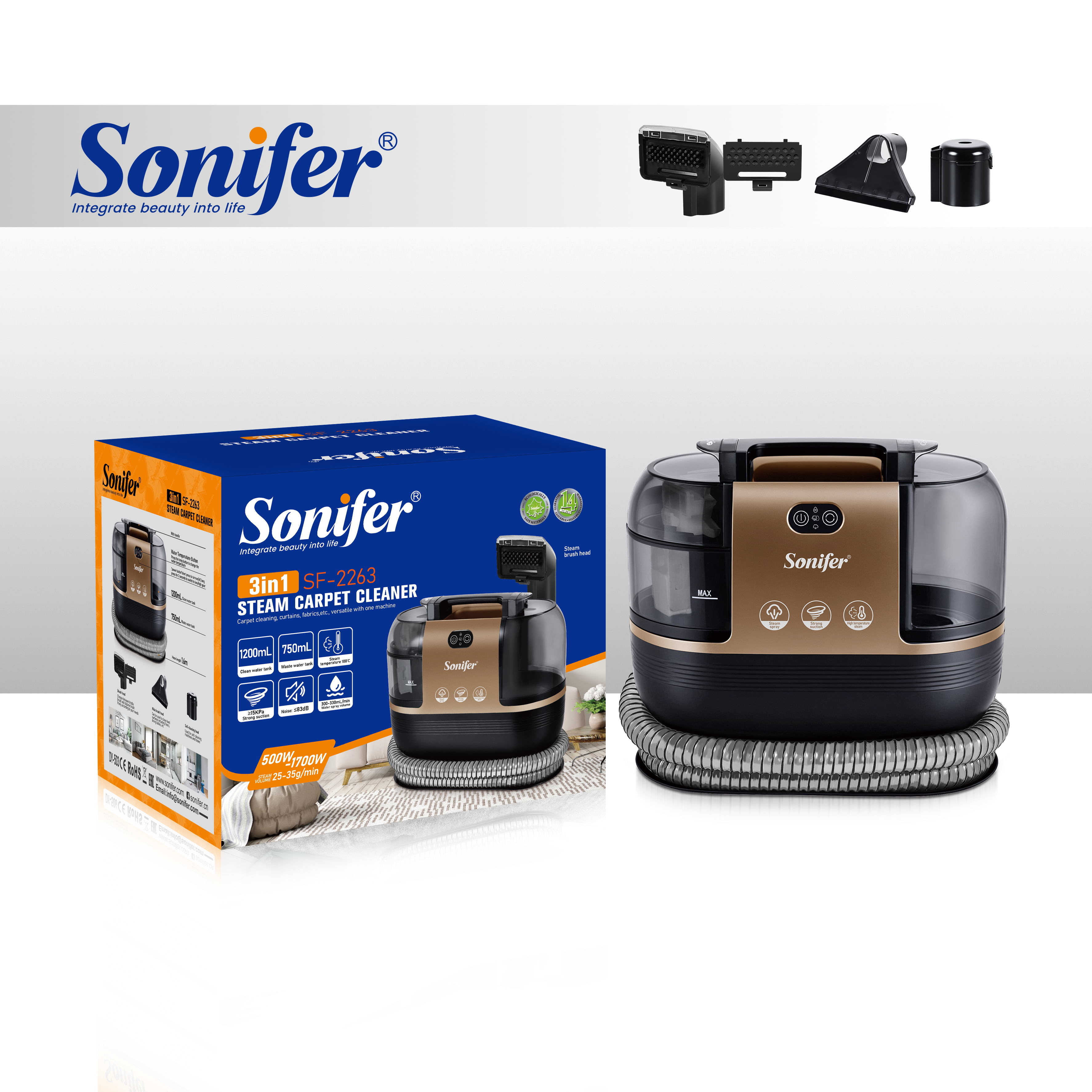 Sonifer SF-2263 — 1700W Güclü 3-ü 1-də Buxarlı Xalça Təmizləyicisi